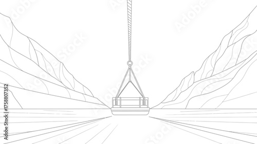 A gondola suspended between two mountains over a body of water in a simple line drawing style