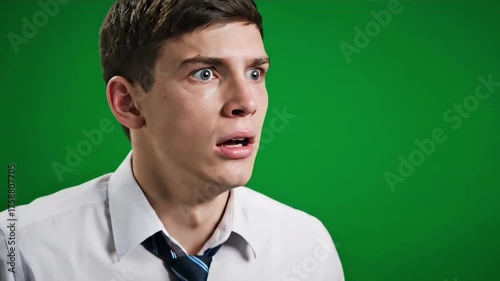 A man in a white collared shirt and tie is shocked with wide eyes and open mouth, on a green backdrop