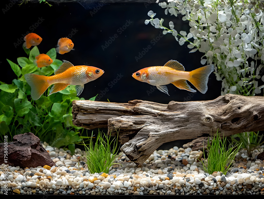 Obraz premium Peaceful aquarium with beautiful goldfish swimming near rustic driftwood, aquatic plants, and pebbles in clear water