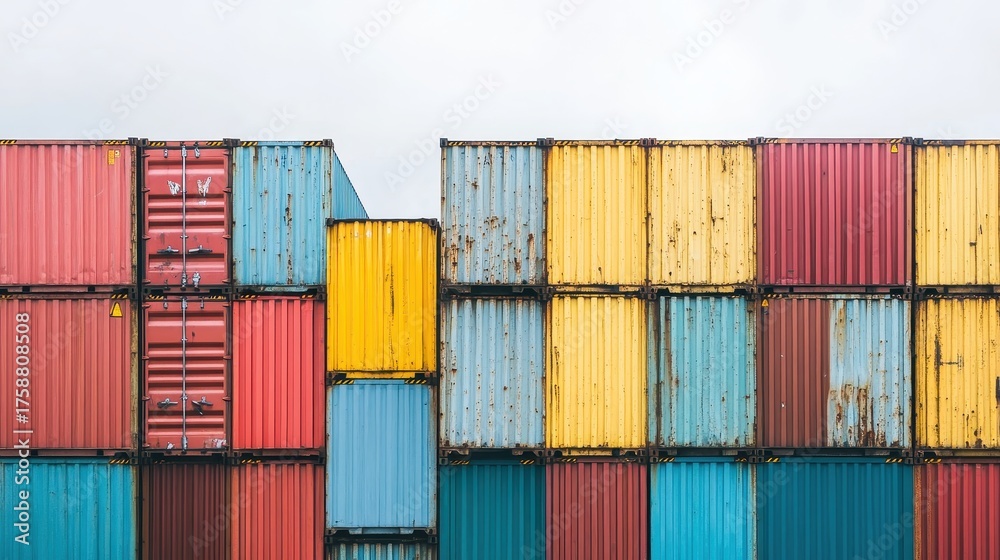 Fototapeta premium Weathered and Stacked Shipping Containers in a Colorful Array