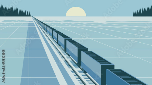 A train moving on tracks across a grid like surface with trees and a sun in the background horizon