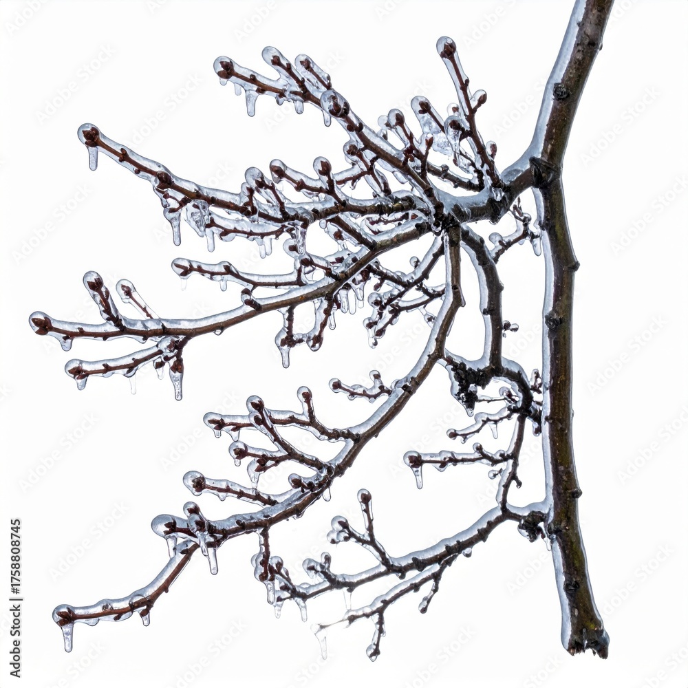 Fototapeta premium Icy Tree Branch with Clear Icicles in Winter Against White Background