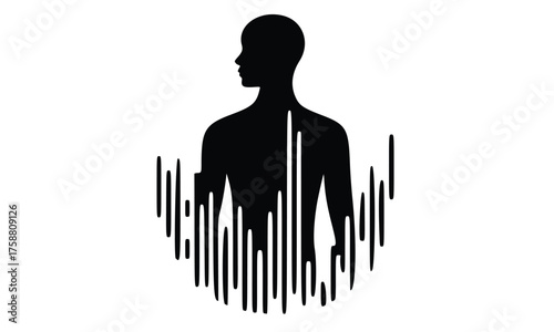 Black vector silhouette of a woman in a red dress with a barcode design symbol