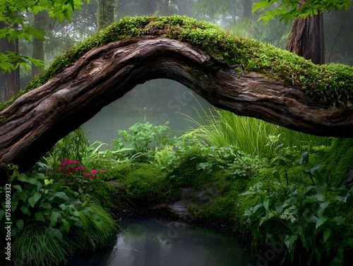 Tranquil jungle wilderness with serene green forest and mossy log arch framing natural lush landscape background