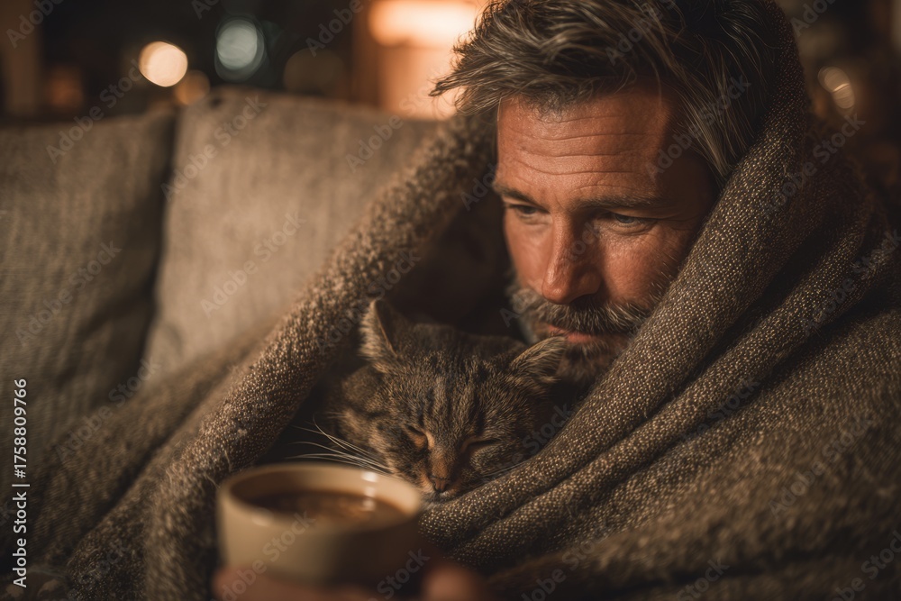 Obraz premium Mature man relaxing indoors covered in blanket with sleeping cat and hot drink, enjoying comfort and warmth in cozy atmosphere on couch at home.