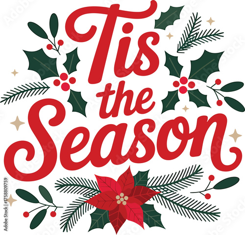 Tis the season christmas holiday greeting with festive decorations