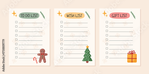 Set of Christmas lists. To do list, Wish list, Gift list template. Vector illustration