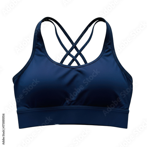 Comfortable navy blue sports bra with strappy back isolated on transparent background