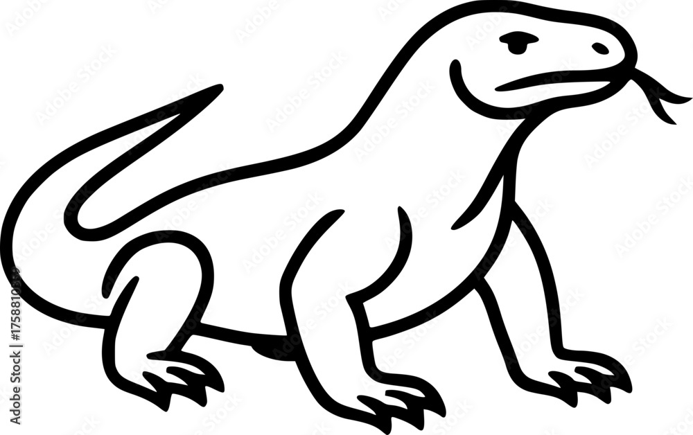 Obraz premium Black and white minimalist vector of a Komodo dragon symbolizing Indonesian wildlife and cultural identity with clean editable line art