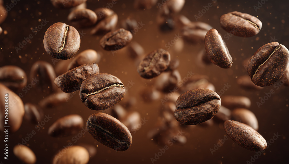 Obraz premium Levitating roasted coffee beans close-up
