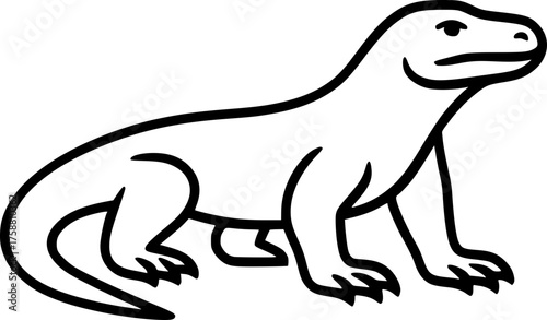 Black and white minimalist vector of a Komodo dragon symbolizing Indonesian wildlife and cultural identity with clean editable line art