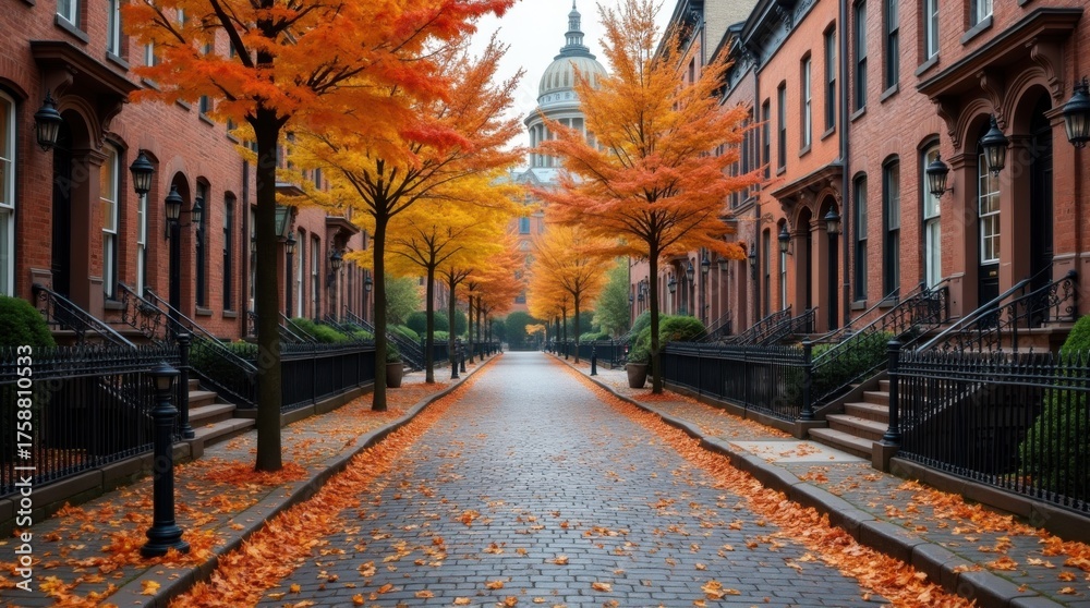 Fototapeta premium A cobblestone street lined with brownstones and colorful autumn trees. 