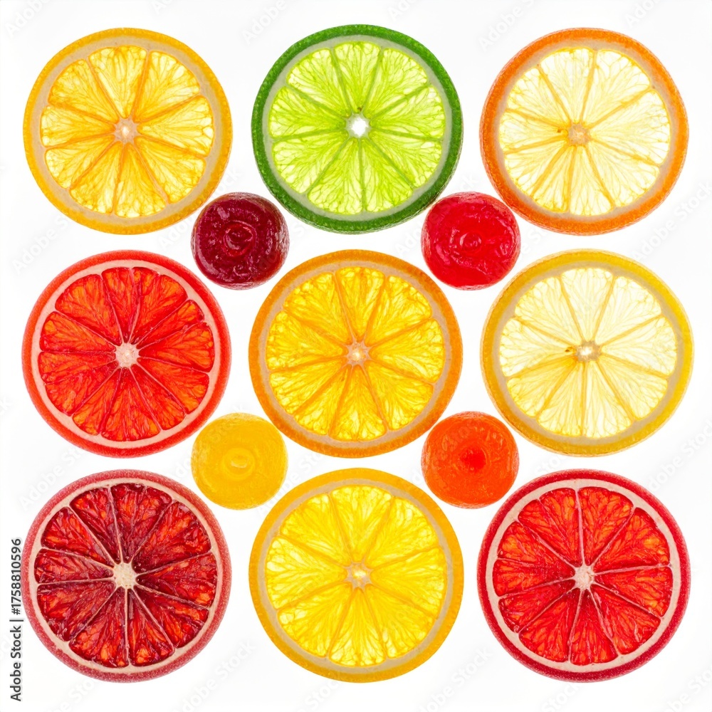 Fototapeta premium Backlit Citrus Slice Arrangement with Candy on White Backdrop