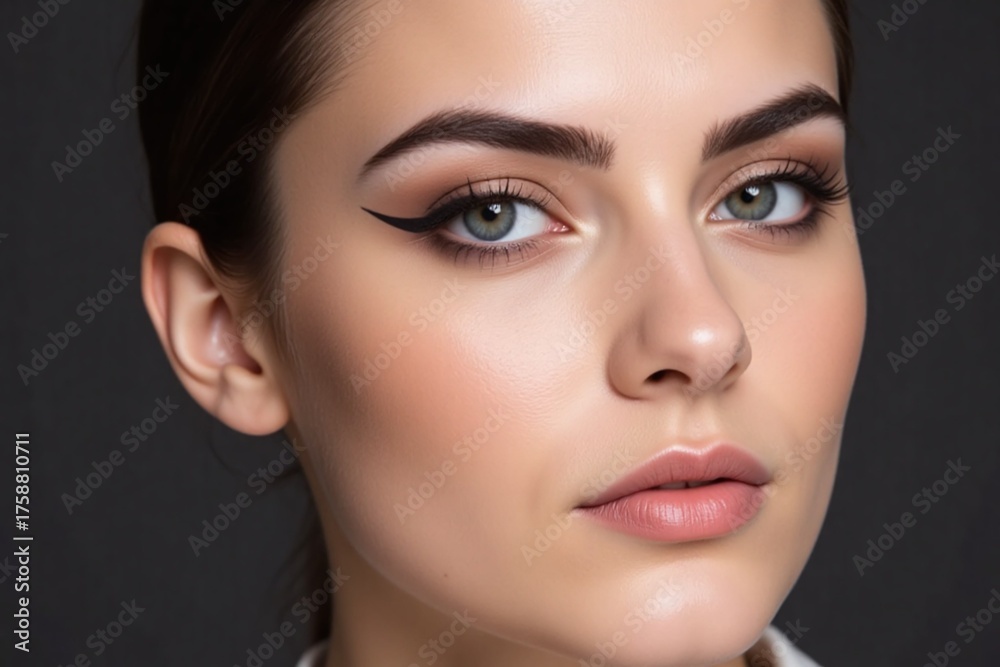 Fototapeta premium Close-Up Portrait of Sculpted Bold Brow with Feathered Laminated Look on Deep Charcoal Background