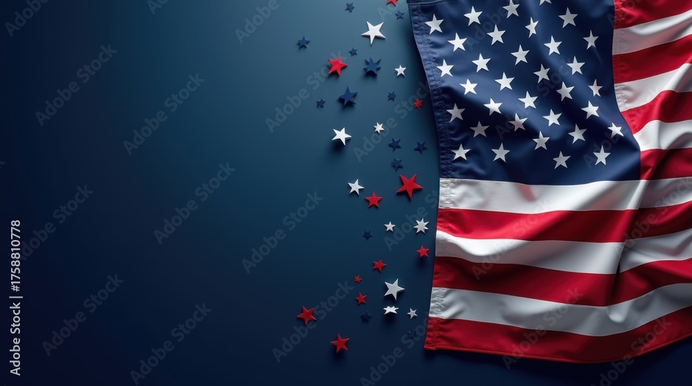 Fototapeta premium American US flag on dark blue background with copy space, presidential midterm elections, american national holiday, July 4, Veterans or memorial day patriotic banner 