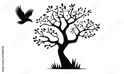 This set of vector tree silhouettes features black illustrations of the whole plant, including the trunk, branches, leaves, and roots, perfect for a nature design