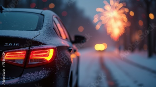 Happy New Year sign on car with snow and. Fireworks in background, celebrating new year. 2026, 2027. 