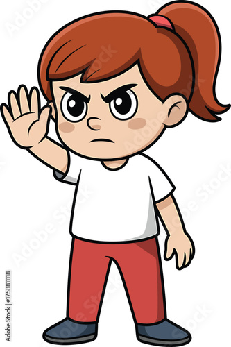 Cartoon girl with angry expression holding hand up in stop gesture