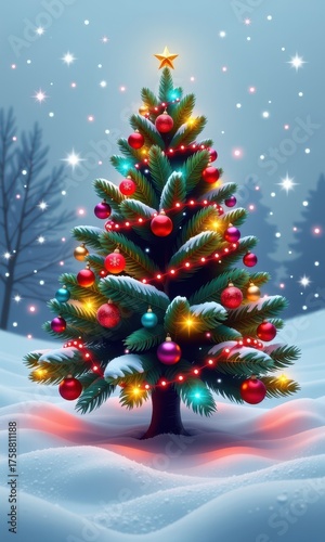 Festive evergreen tree adorned with ornaments and sparkling lights, set against a soft, snowy winter landscape, pine, background, landscape