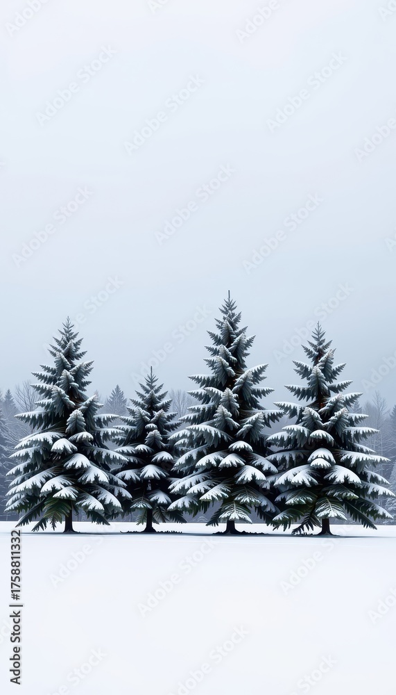 Naklejka premium Four snow-covered pine trees stand in a neat row against a winter landscape, seasonal, natural beauty