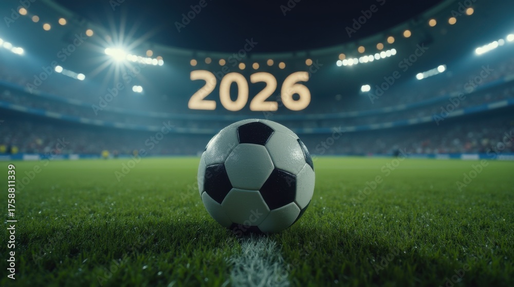 Naklejka premium Soccer 2026: A New Era Begins - Close-up of a soccer ball on a dewy field at night, with a stadium and 