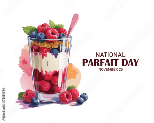 National Parfait Day layered berry parfait in a clear glass, with Greek yogurt, fresh blueberries, raspberries, and granola, against a pastel blue background November 25
