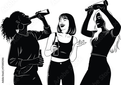 Group of Happy Women Drinking Bottle Alcohol and Celebrating Vector