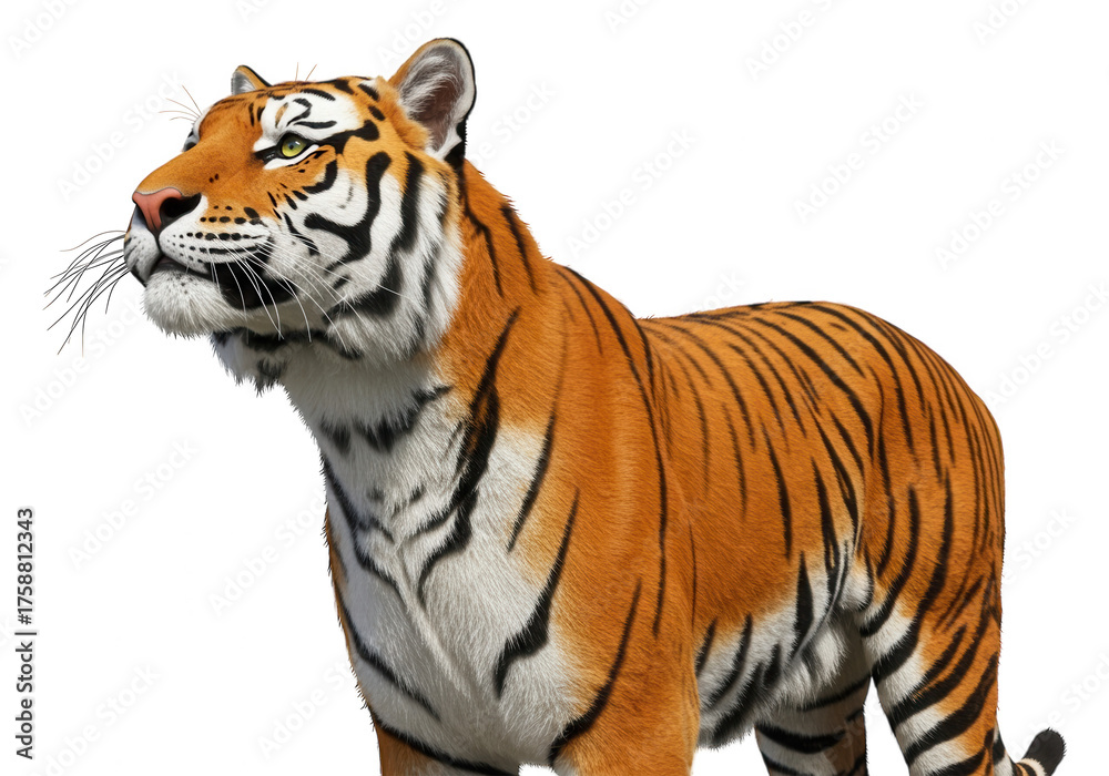 Obraz premium Majestic tiger with a plant in its mouth stands against a dark background.