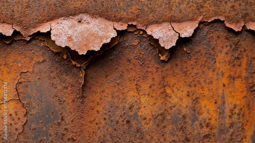 Detailed close up shot of peeling rust on an old metal surface.