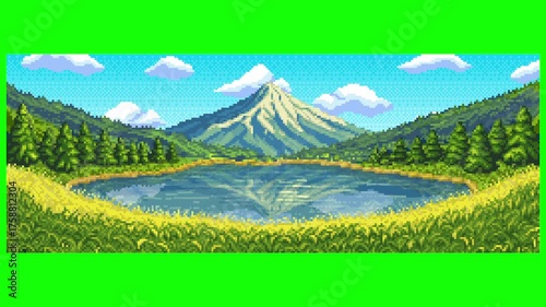 Retro Pixel Art Animated Video of a Serene Mountain Landscape with Moving Clouds, Rippling Lake Water, and Swaying Grass Background