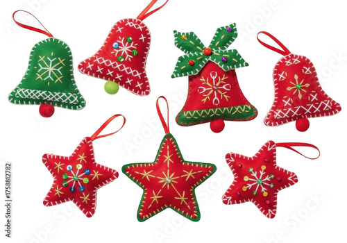 Festive christmas ornaments bells and stars for holiday cheer. Collection of festive felt christmas ornaments with embroidery, isolated on transparent background