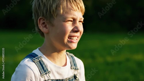 A young boy reacts to something with a face contorted in an emotive expression