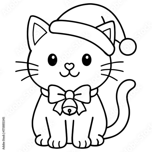 Cute Christmas cat in Santa hat with bell, vector coloring page for kids