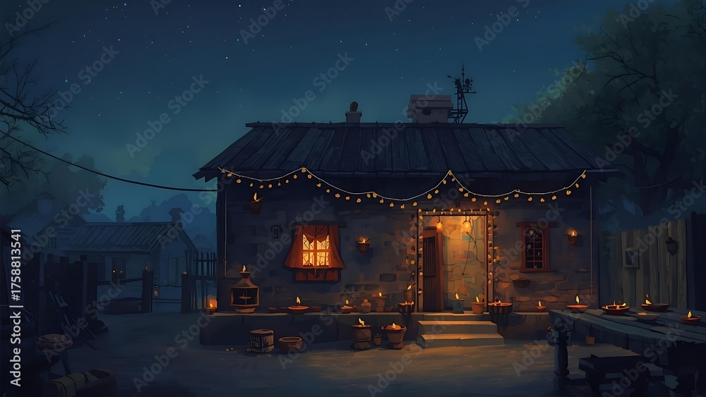 Obraz premium Cozy Diwali Night: A Warm Glow of Candles Illuminates a Rustic Home, Celebrating the Festival of Lights with Tranquil Charm and Festive Joy