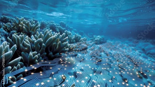 Underwater Digital Network – Glowing Blue Circuits Forming Beneath the Surface Overlay