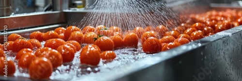 Fresh tomatoes being washed with water spray on conveyor in food processing plant