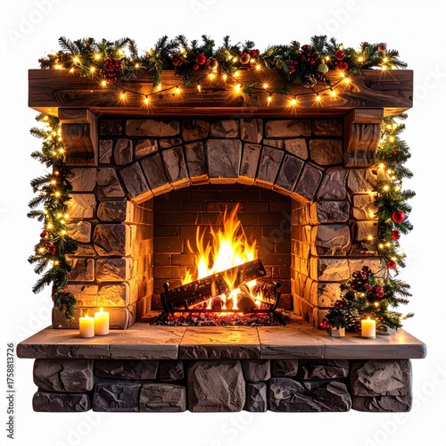 Rustic Stone Fireplace with Christmas Garland and Firewood Flame