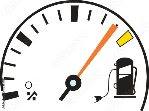Low fuel gauge with gas pump silhouette illustration. Vector on white background.