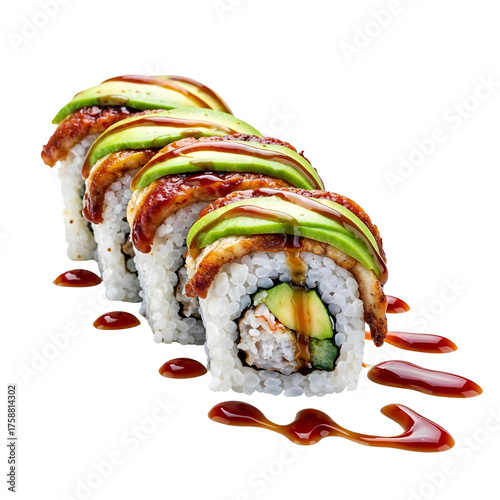 Dragon roll with eel and avocado, isolated on transparent background, png