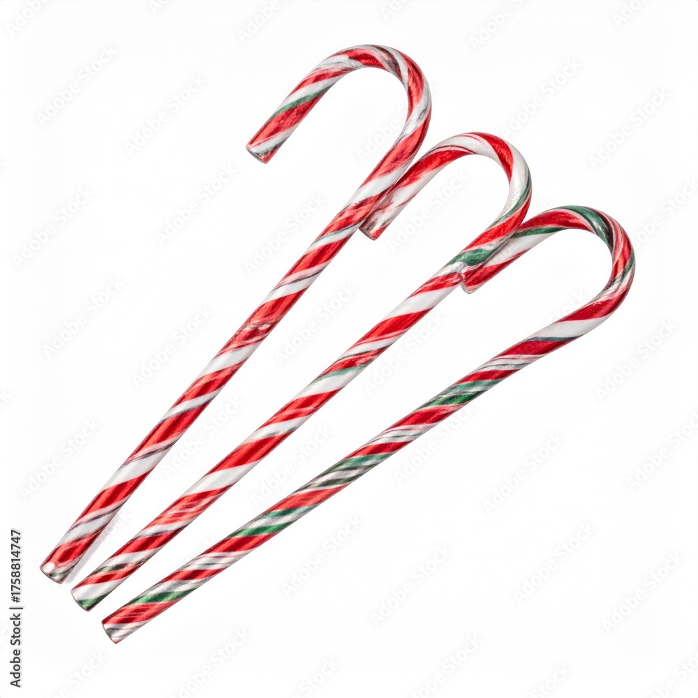 Fototapeta premium Three Red White Candy Canes on White Background Stock Photo