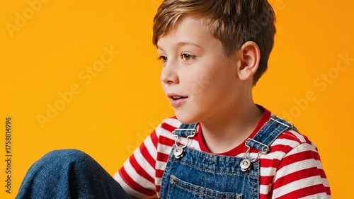 A young boy, wearing a striped shirt and denim overalls, sits against a vibrant yellow backdrop