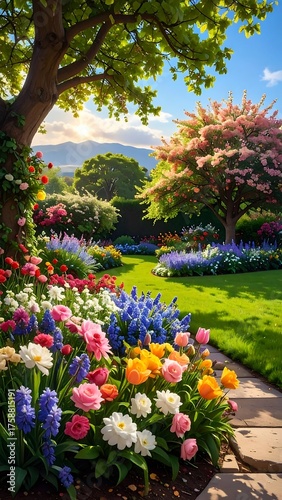 Wallpaper Mural A vibrant garden path, brimming with colorful flowers & lush greenery, leading toward mountains under a clear blue sky Torontodigital.ca