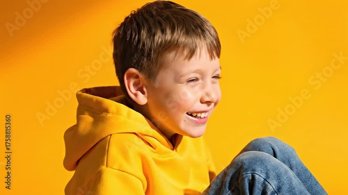 A boy laughs joyfully, his face lit. He wears a yellow hoodie and jeans against a yellow backdrop