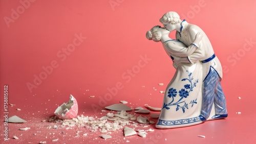 Wallpaper Mural Broken porcelain couple statue with shards on pink backdrop Torontodigital.ca