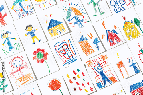 CHILDREN'S FIGURE. VILLAGE BACKGROUND.CARTOON SEAMLESS PATTERN.