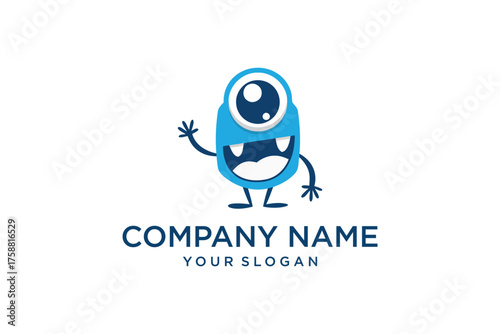 Friendly Blue One-Eyed Cartoon Monster Mascot Waving Hand Logo Design Vector Illustration for Company Branding