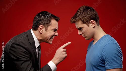 A man in a suit aggressively points at another, looking angry. The other man is sad and looking down