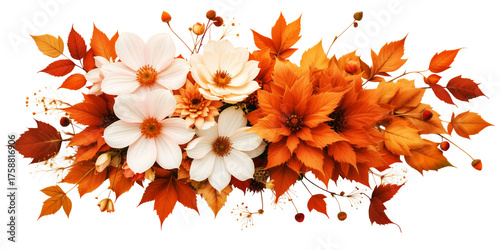 Vibrant autumn floral arrangement with white and orange flowers and colorful leaves