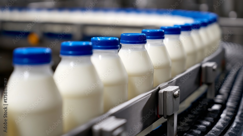 Obraz premium Freshly filled plastic bottles of milk travel steadily along a conveyor belt in a lively dairy plant. The efficient movement showcases the production process and quality control