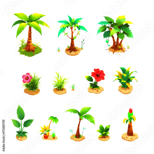 Assortment of stylized tropical plants and palm trees on sandy islands isolated on black
